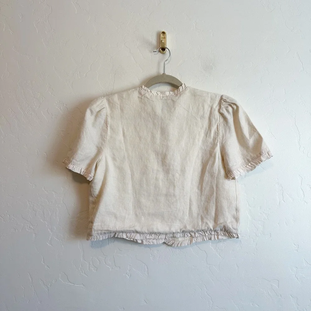 Reformation | Bess 100% Linen Puff Sleeve Ruffle Top in Sugar Cream | Size Med